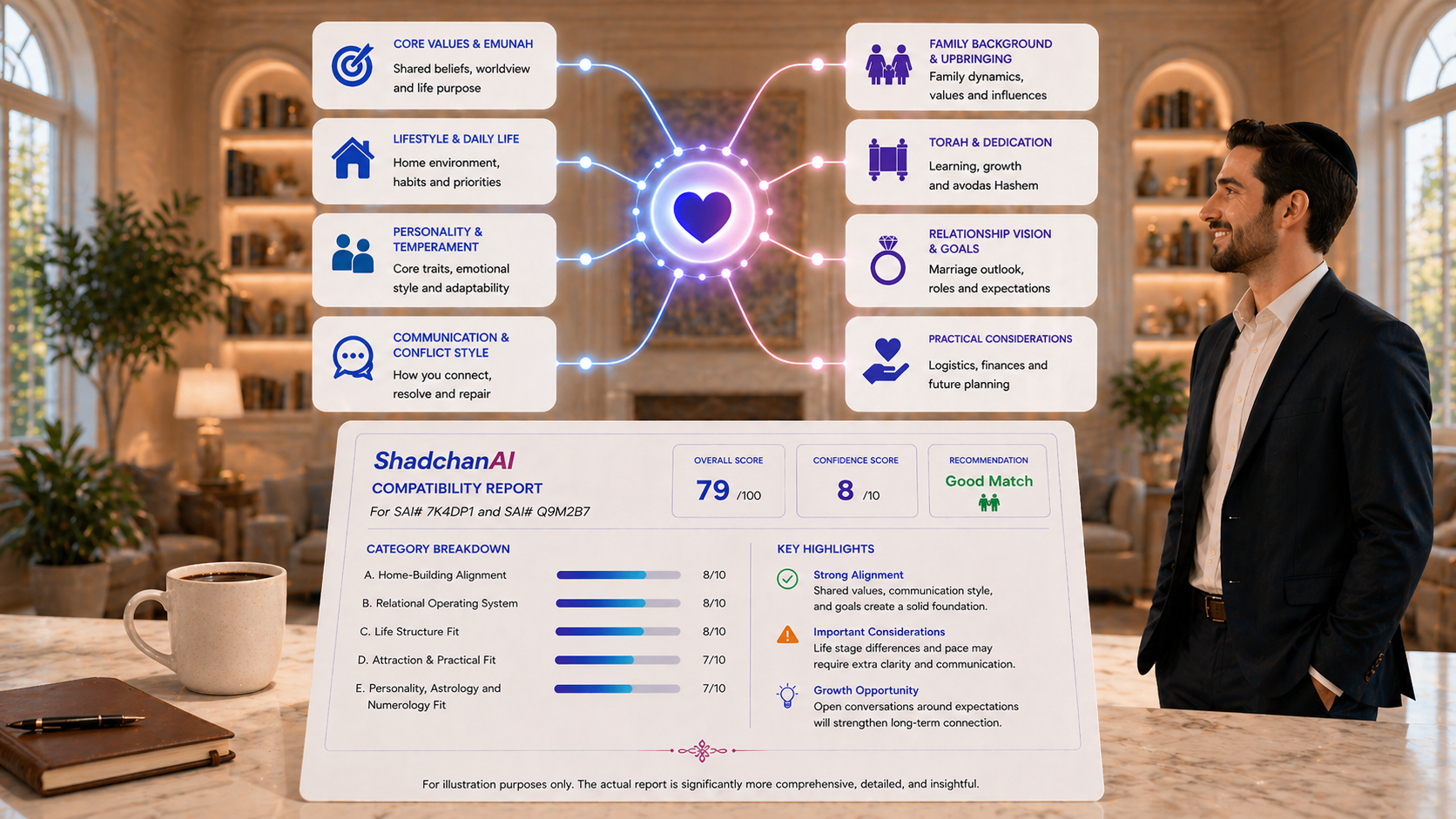 ShadchanAI compatibility report preview showing category breakdown, overall score, confidence score and the eight analysis areas